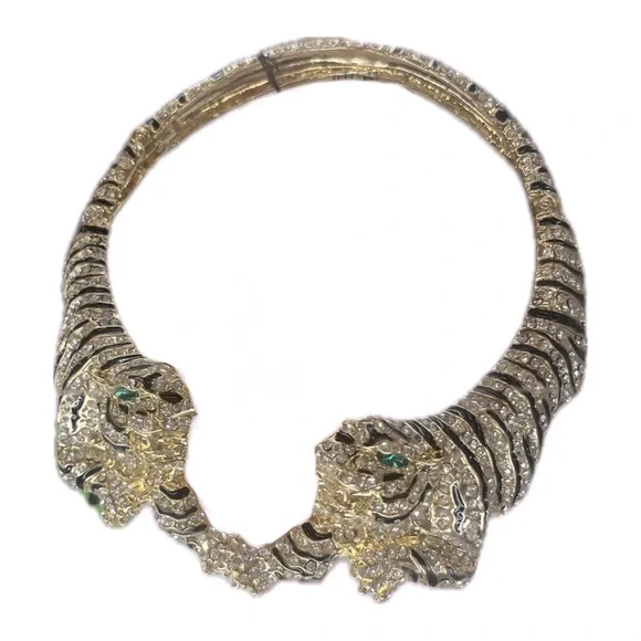 NWT ⚜️🖤⚜️ NATASHA GREEN EYED TIGERS STATEMENT NECKLACE BY NATASHA - Picture 7 of 10